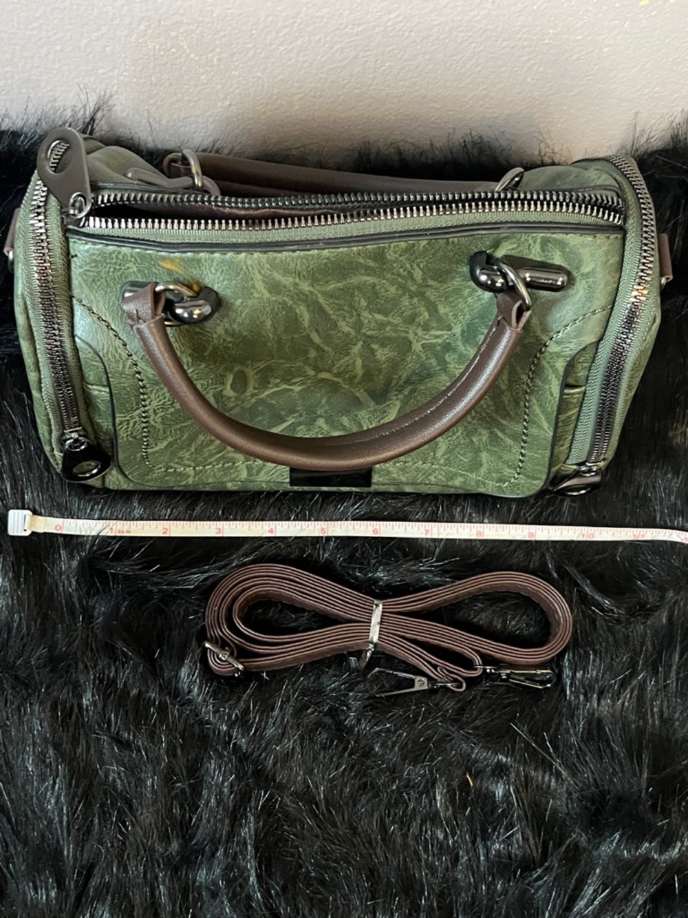 Green Leather Tote Bag with Brown Handles